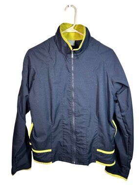 Nike Womens Lg Full-Zip Navy Jacket Neon Yellow Accents Lightweight Athletic